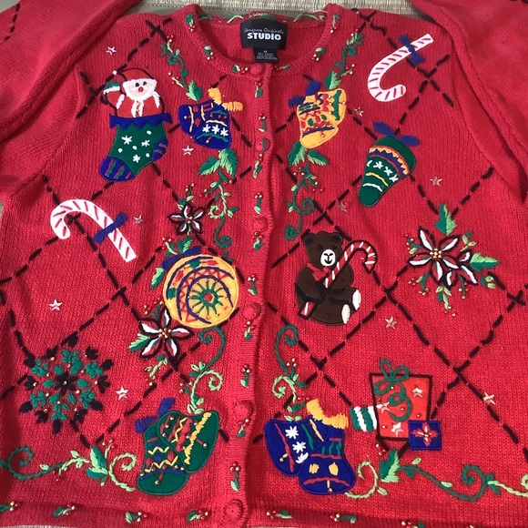 Designers Original Studio Womens Med Christmas Knit Cardigan Sweater Stockings - Picture 5 of 7